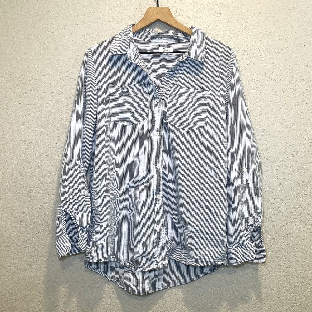 Japna Blue White Stripe Button Down Shirt Large Lightweight Roll Tab Sleeve Top